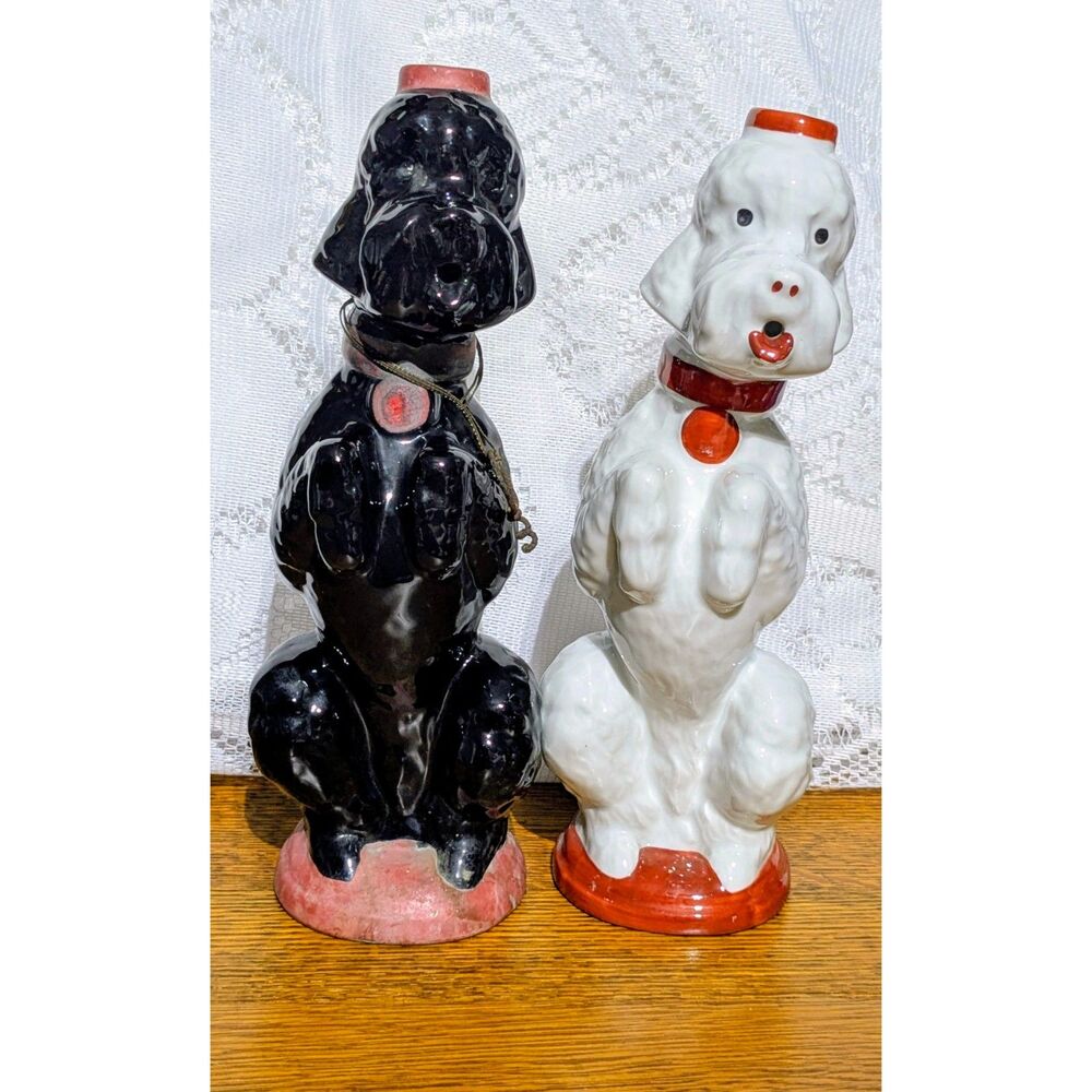 Vintage Garnier France Poodle Decanters Pair Black White Mid Century Barware